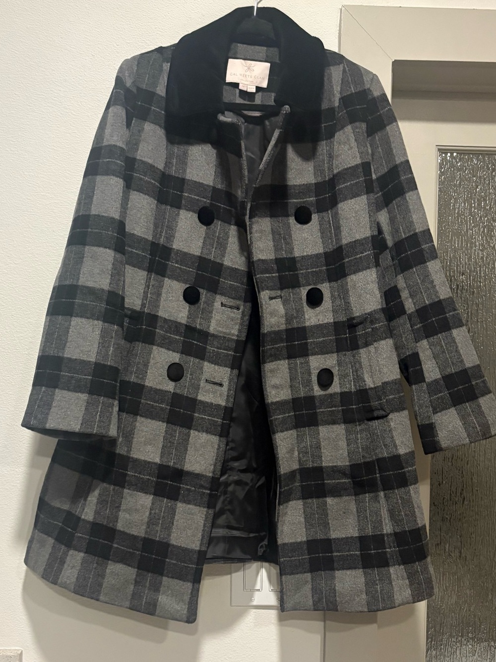 Gal Meets Glam Black and Gray Plaid Double-Breasted Pea Coat